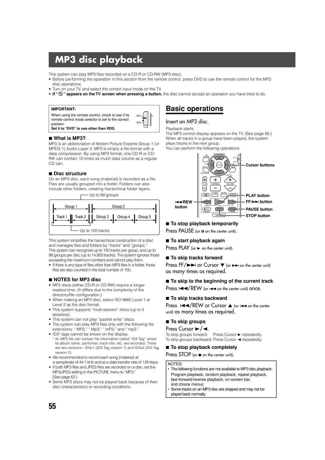 JVC XV-THV70R manual MP3 disc playback, Basic operations, Insert an MP3 disc, As many times as required, Press Cursor 3/2 