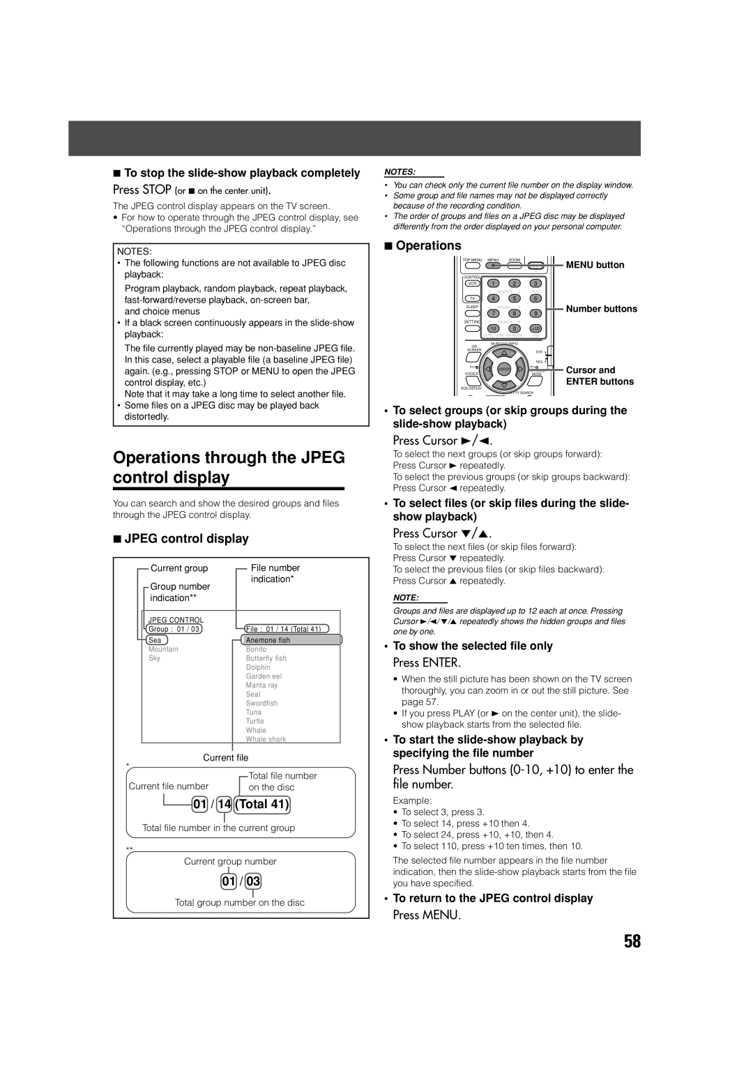 JVC XV-THV70R manual Operations through the Jpeg control display, Press Number buttons 0-10, +10 to enter the file number 