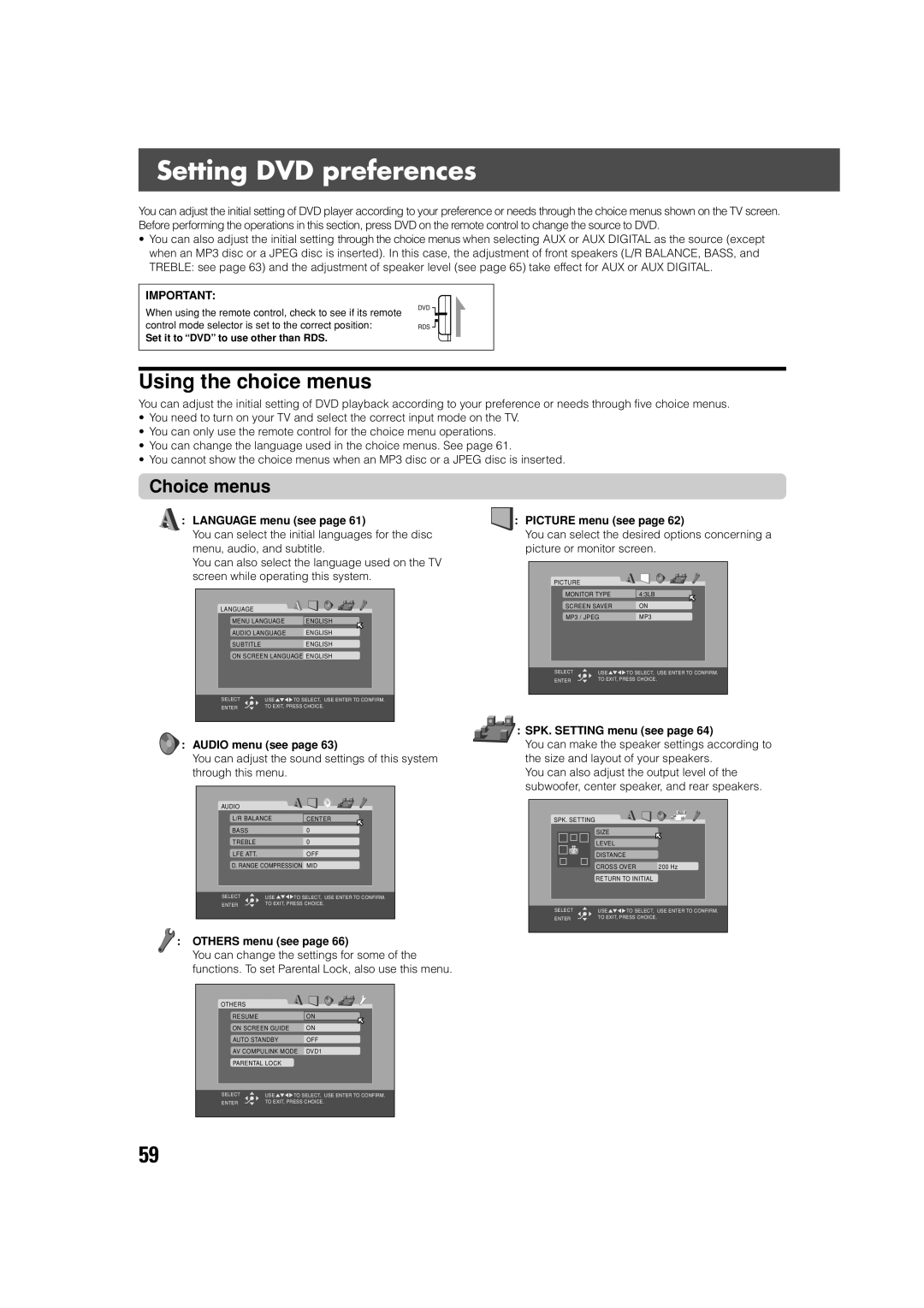 JVC LVT0865-004A, XV-THV70R, SP-XCV70 manual Setting DVD preferences, Using the choice menus, Choice menus 