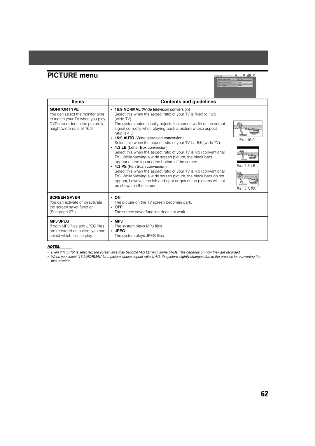 JVC LVT0865-004A, XV-THV70R, SP-XCV70 manual Picture menu, Monitor Type, Screen Saver, MP3/JPEG, Jpeg 