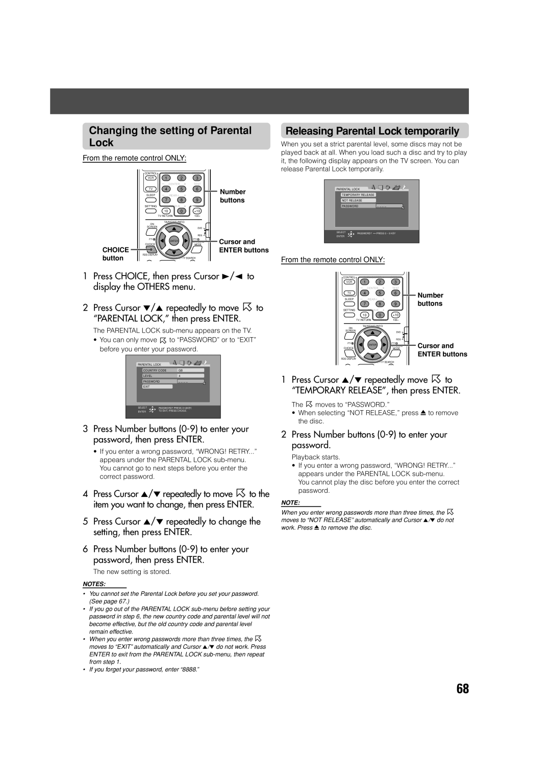 JVC LVT0865-004A manual Changing the setting of Parental Lock, Releasing Parental Lock temporarily, New setting is stored 