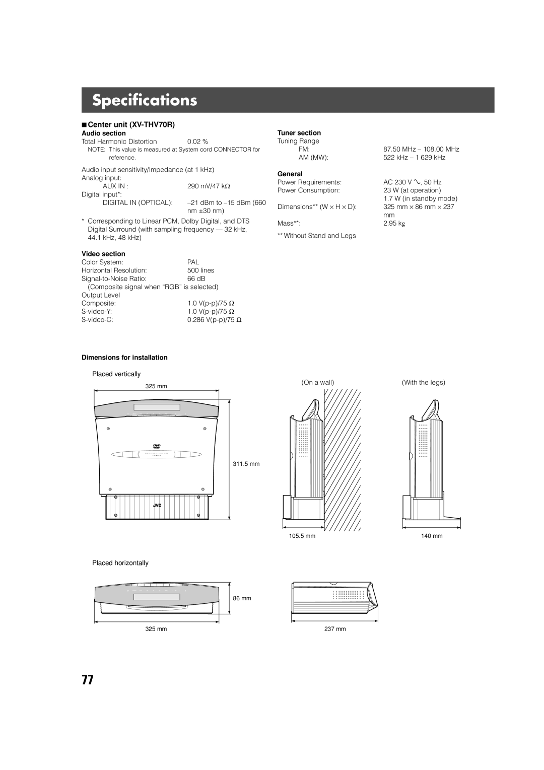 JVC LVT0865-004A, XV-THV70R, SP-XCV70 manual Specifications 