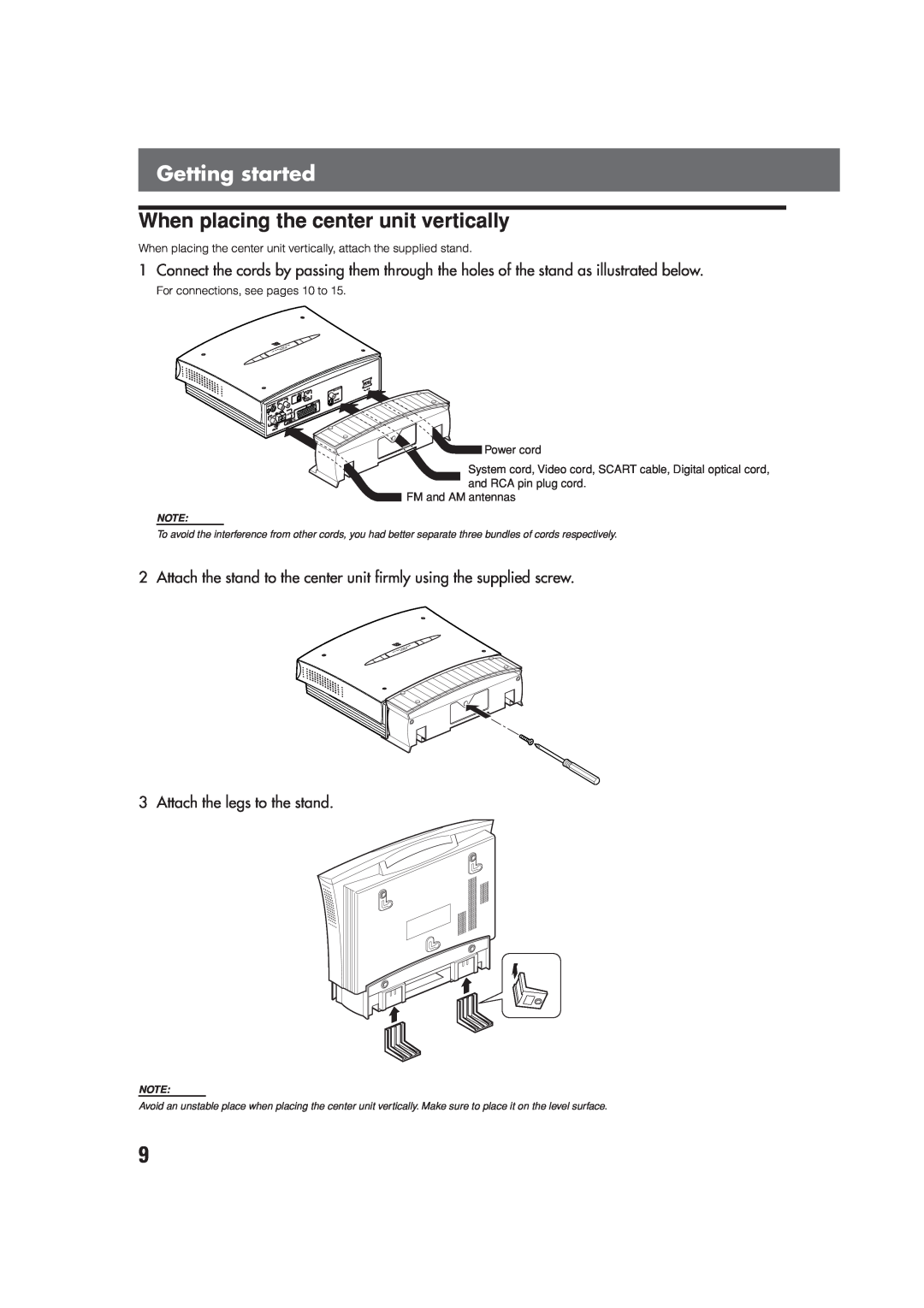 JVC SP-XCV70, XV-THV70R, LVT0865-004A manual Getting started, When placing the center unit vertically 