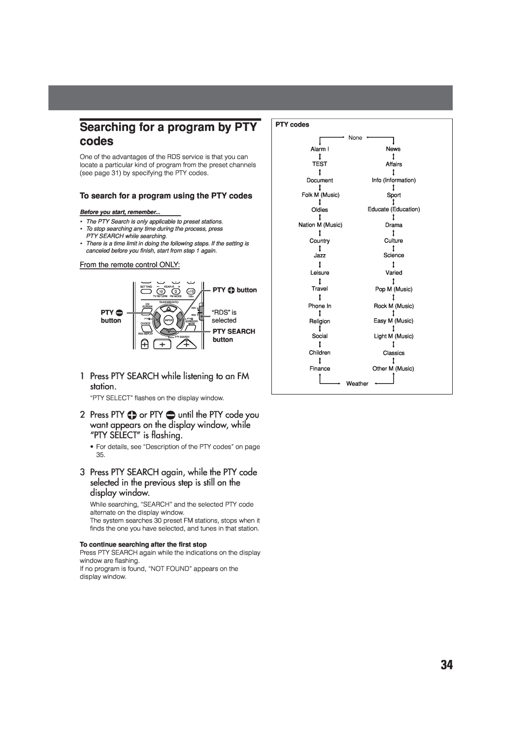 JVC XV-THV70R, LVT0865-004A, SP-XCV70 Searching for a program by PTY codes, To search for a program using the PTY codes 