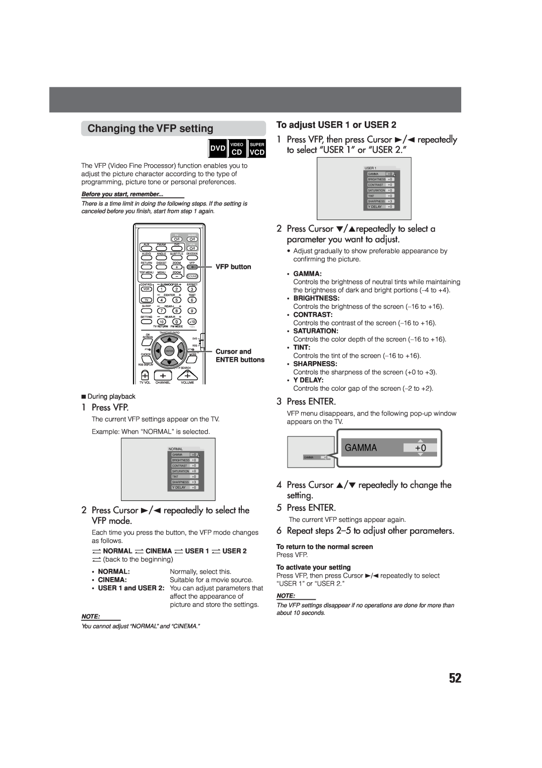 JVC XV-THV70R manual Changing the VFP setting, Press VFP, To adjust USER 1 or USER, 5Press ENTER, GAMMA +0, 3Press ENTER 