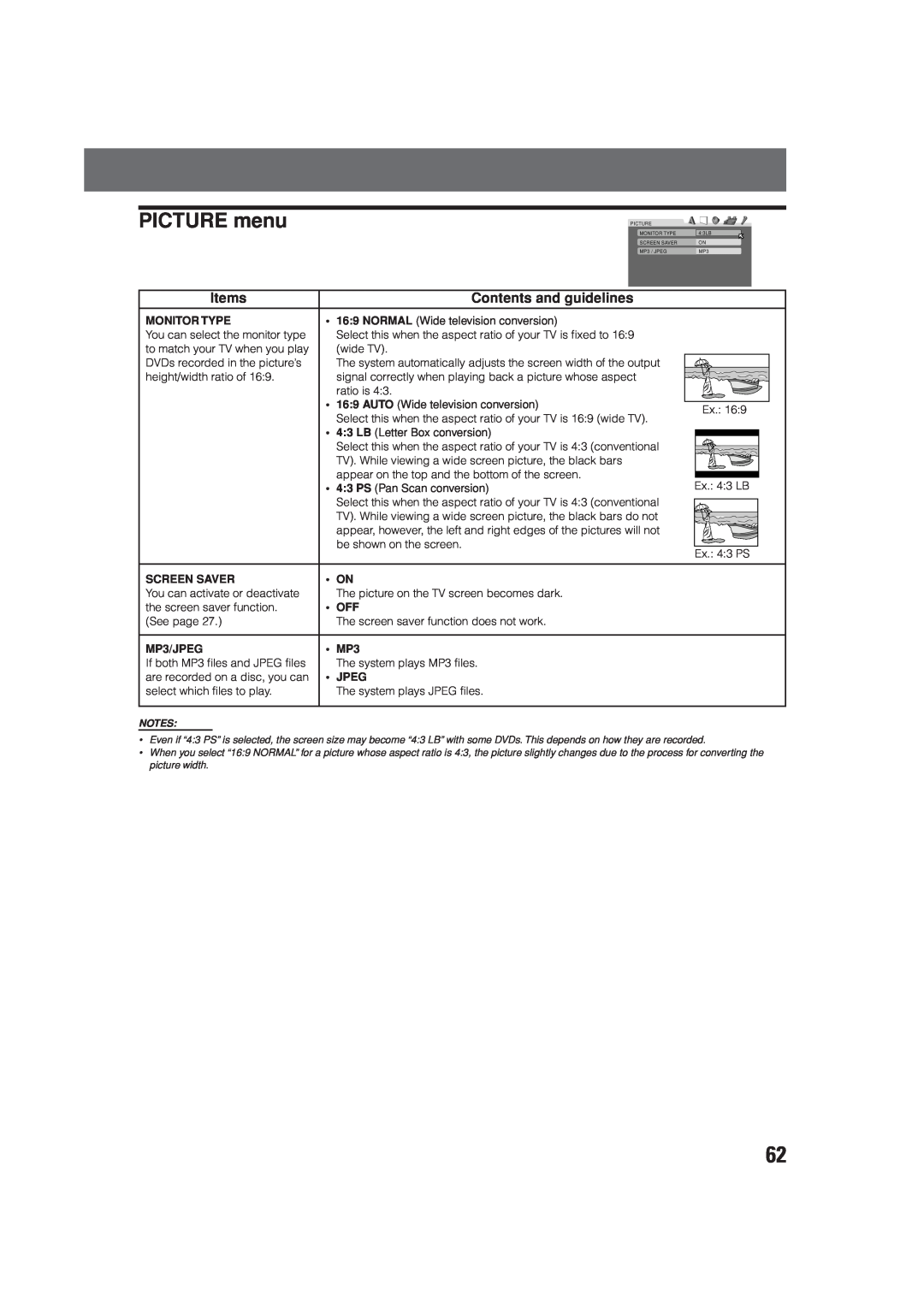 JVC LVT0865-004A, XV-THV70R, SP-XCV70 manual PICTURE menu, Items, Contents and guidelines 