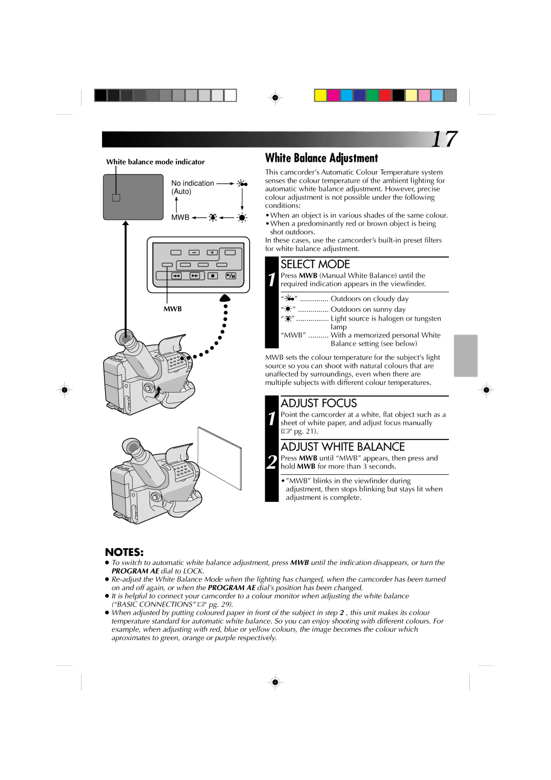 JVC YU30052-513-2 White Balance Adjustment, Adjust Focus, Adjust White Balance, White balance mode indicator, Mwb 