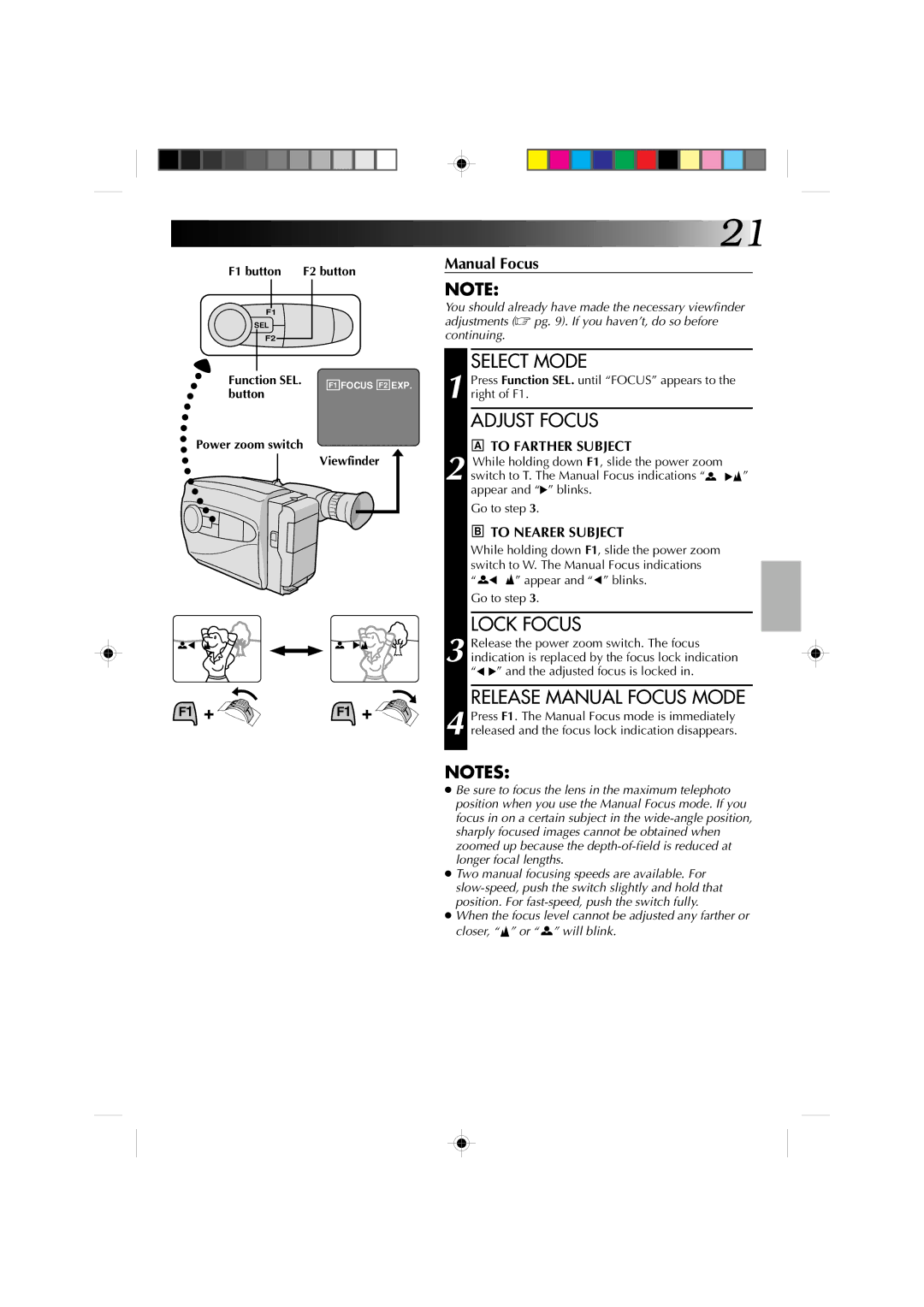 JVC YU30052-513-2 specifications Release Manual Focus Mode, Button, While holding down F1, slide the power zoom 