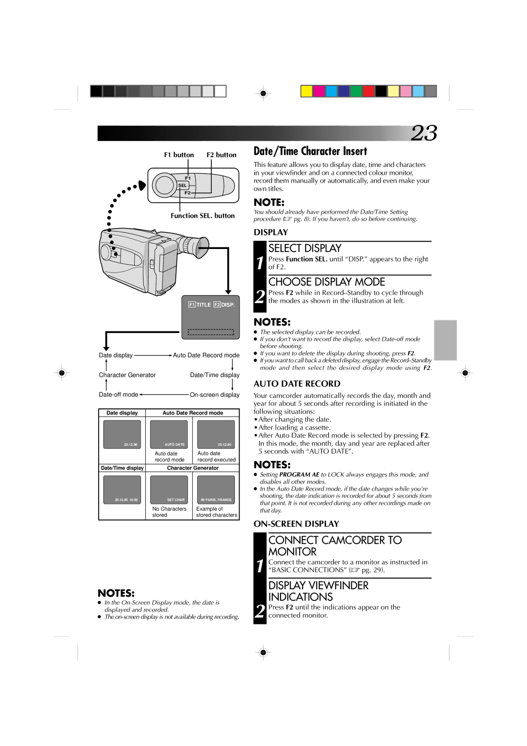 JVC YU30052-513-2 Date/Time Character Insert, Select Display, Choose Display Mode, Connect Camcorder to Monitor 