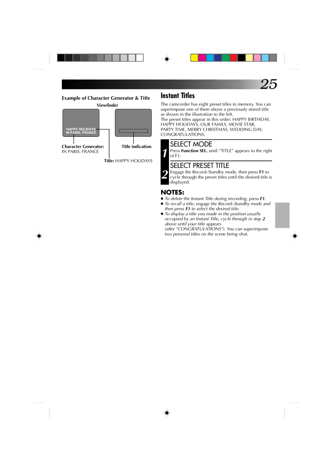 JVC YU30052-513-2 specifications Instant Titles, Select Preset Title, Character Generator, Title indication 