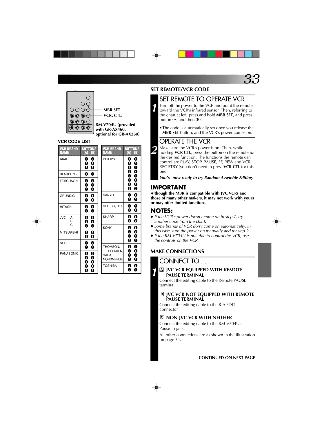 JVC YU30052-513-2 specifications SET Remote to Operate VCR, Operate the VCR, Connect to, Mbr Set 