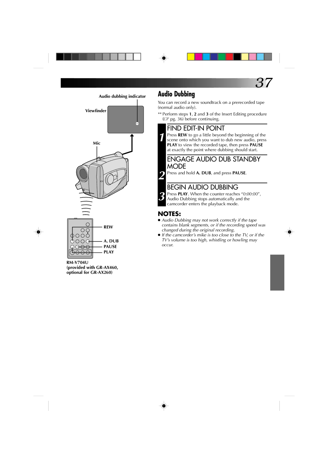 JVC YU30052-513-2 Engage Audio DUB Standby Mode, Begin Audio Dubbing, Audio dubbing indicator Viewfinder Mic 