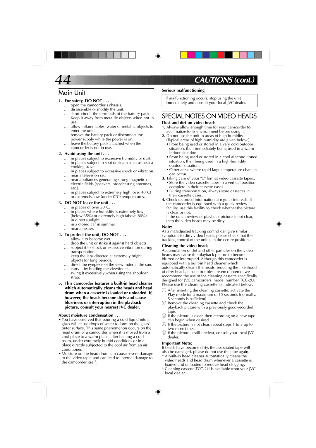 JVC YU30052-513-2 specifications Special Notes on Video Heads 