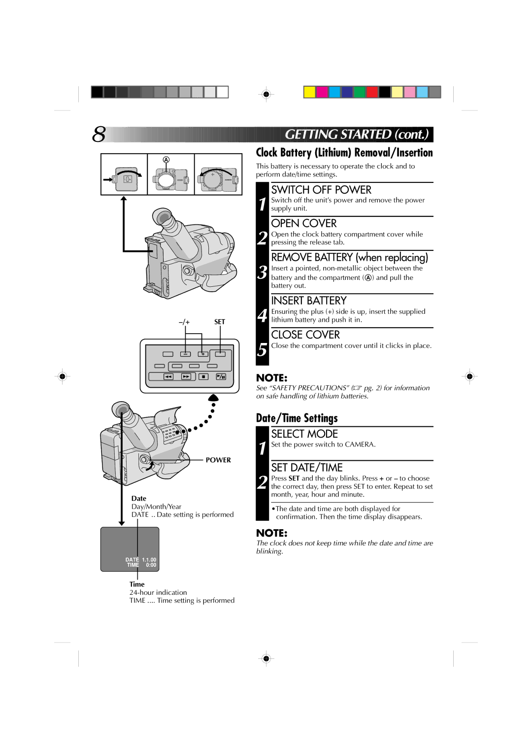 JVC YU30052-513-2 specifications Getting Started, Clock Battery Lithium Removal/Insertion, Date/Time Settings 