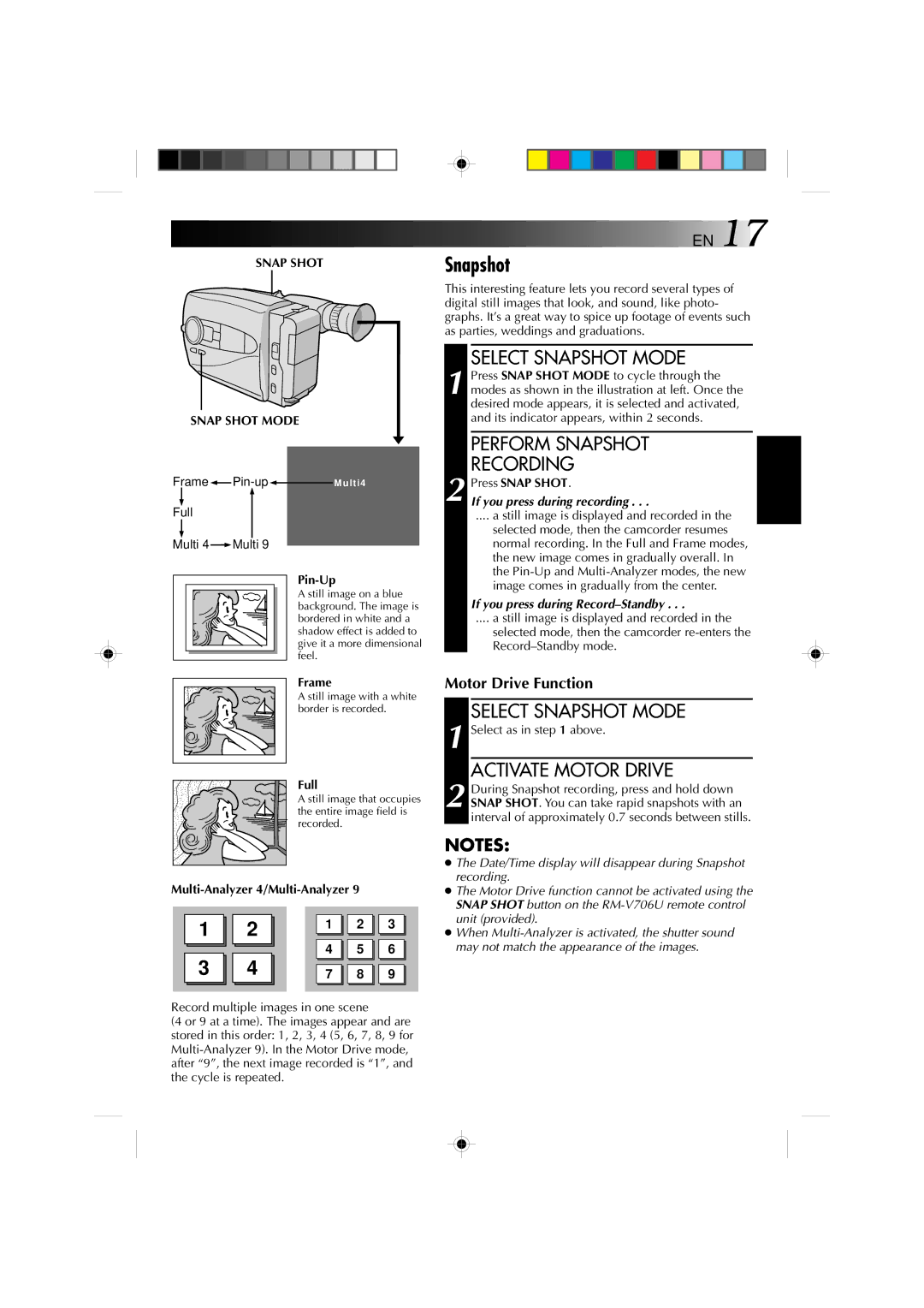 JVC YU30052-572 manual Select Snapshot Mode, Perform Snapshot Recording, Activate Motor Drive, Snap Shot Snap Shot Mode 