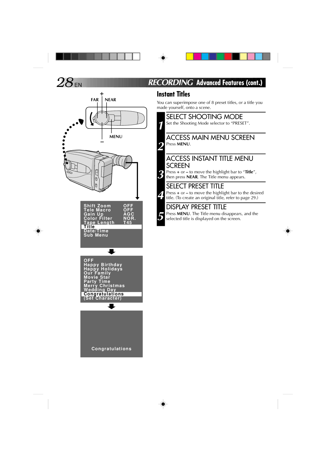 JVC YU30052-572 manual Instant Titles, Access Instant Title Menu Screen, Select Preset Title, Display Preset Title 