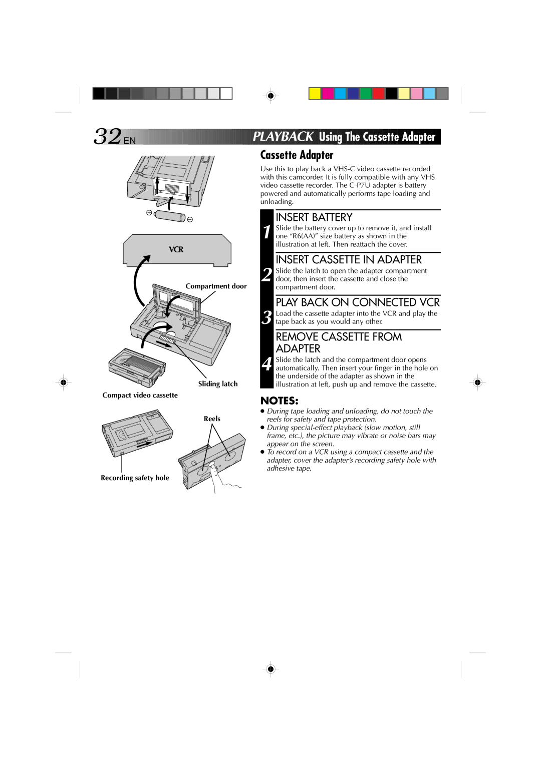 JVC YU30052-572 Cassette Adapter, Insert Cassette in Adapter, Play Back on Connected VCR, Remove Cassette from Adapter 