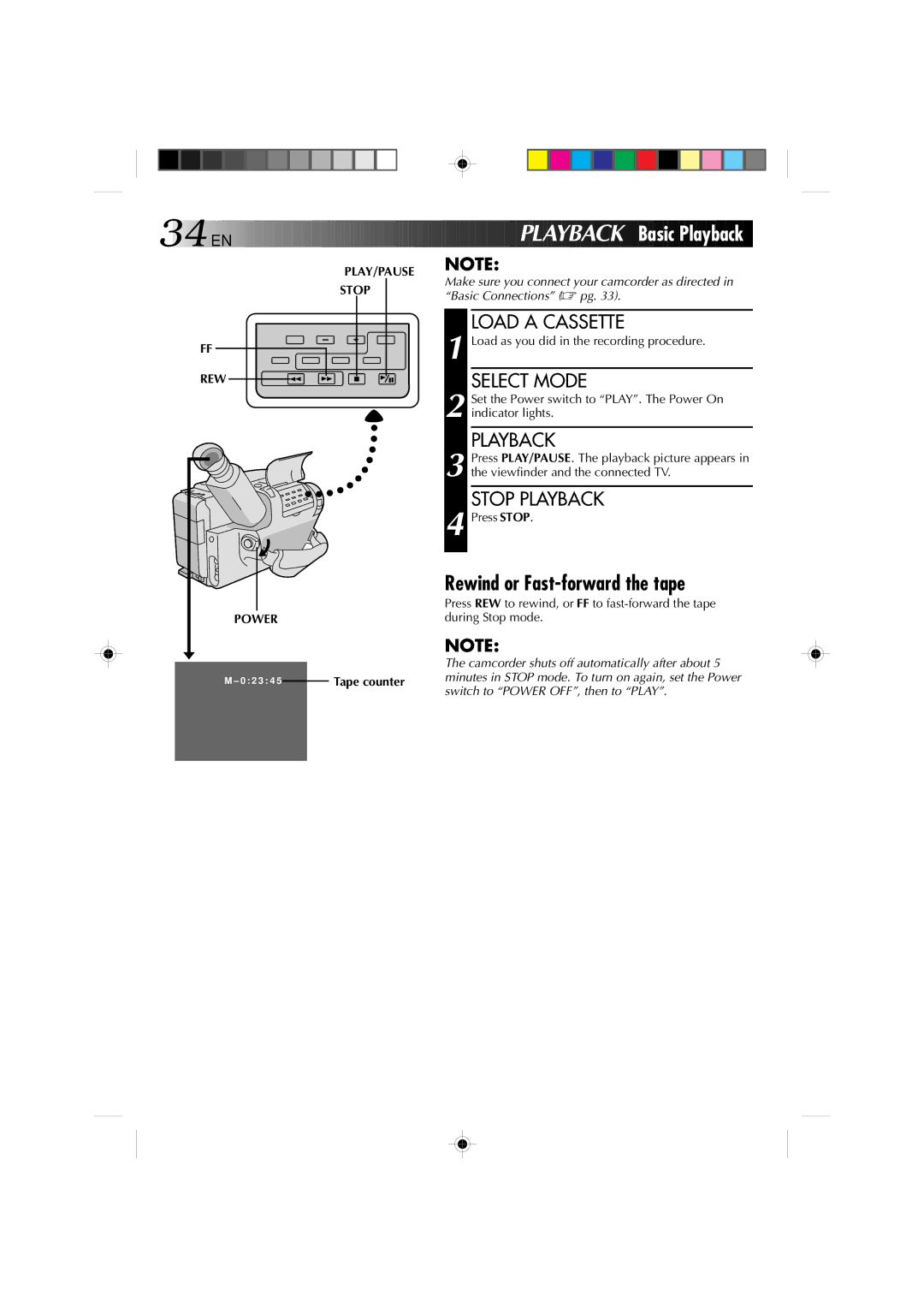 JVC YU30052-572 manual Playba CK Basic Playback, Rewind or Fast-forward the tape, Load a Cassette, Stop Playback 