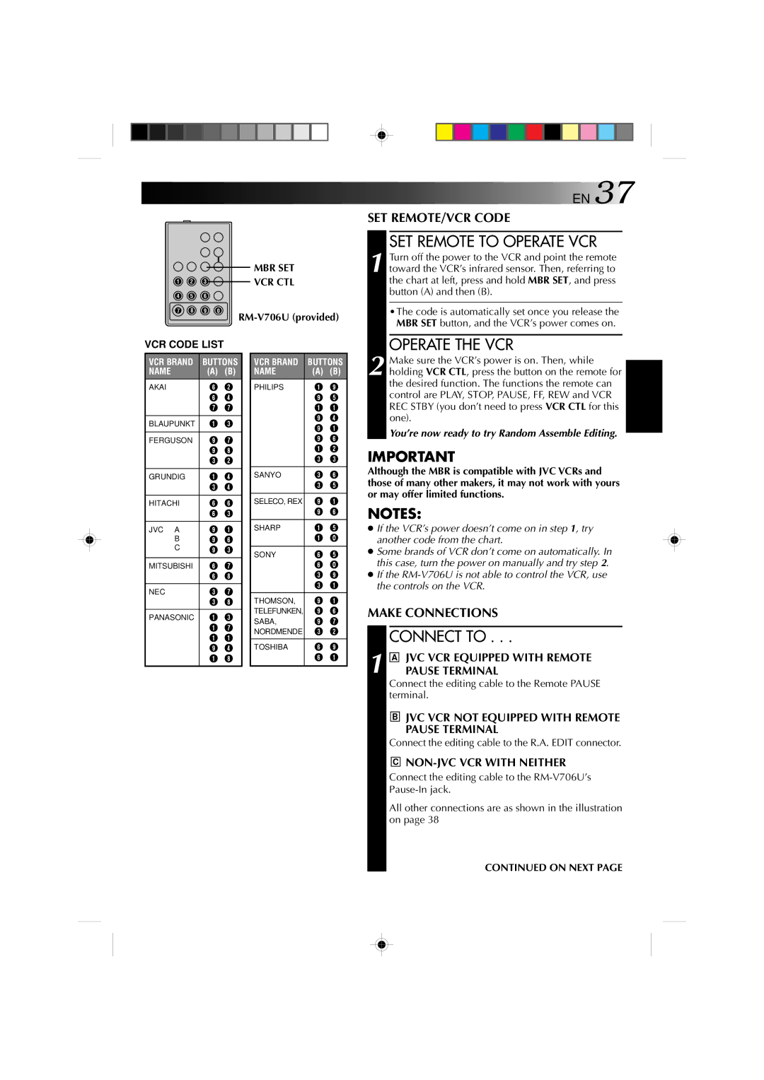 JVC YU30052-572 manual SET Remote to Operate VCR, Operate the VCR, Connect to 