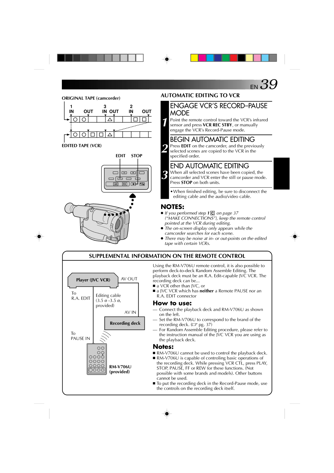 JVC YU30052-572 manual Engage VCR’S RECORD-PAUSE Mode, Begin Automatic Editing, END Automatic Editing, Player JVC VCR 