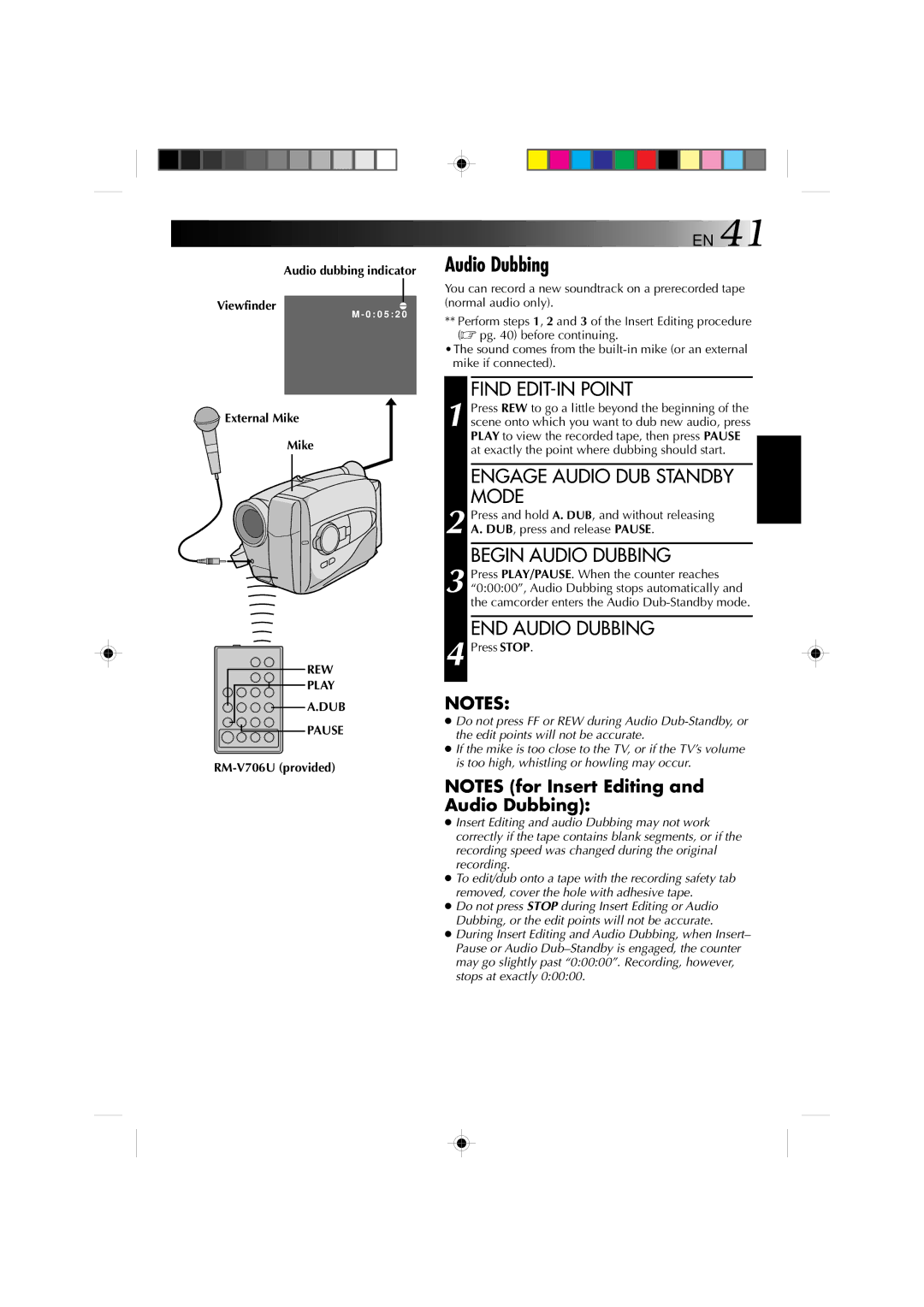 JVC YU30052-572 manual Audio dubbing indicator Viewfindere, External Mike, REW Play, Dub 