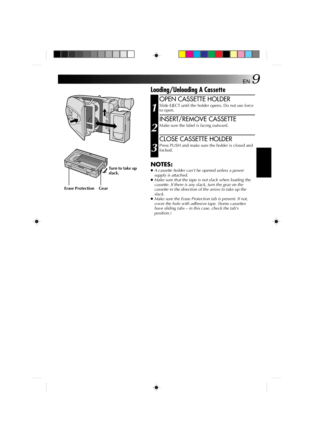 JVC YU30052-572 manual Loading/Unloading a Cassette, Open Cassette Holder, INSERT/REMOVE Cassette, Close Cassette Holder 