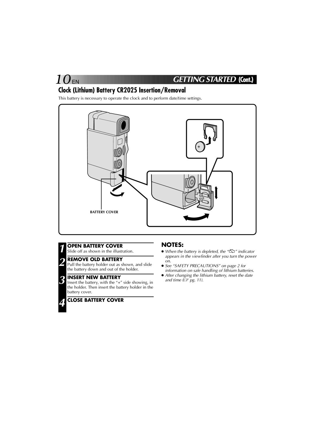 JVC YU30052-625-1 manual Clock Lithium Battery CR2025 Insertion/Removal, Remove OLD Battery, Insert NEW Battery 