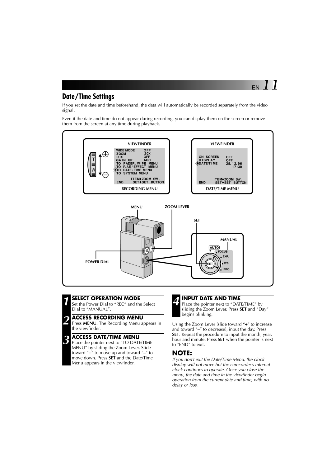 JVC YU30052-625-1 manual Date/Time Settings, Select Operation Mode, Access Recording Menu, Input Date and Time 