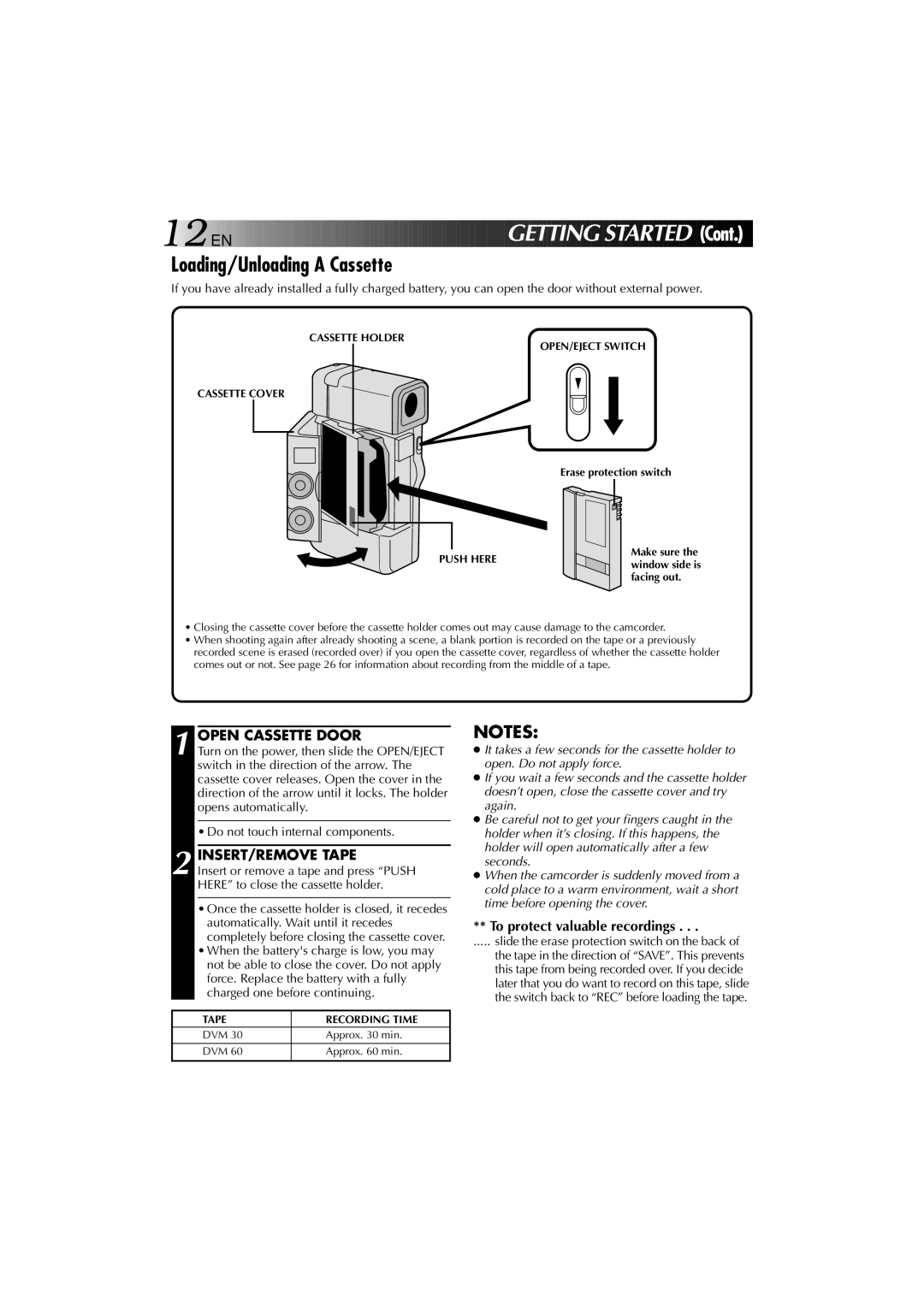 JVC YU30052-625-1 Loading/Unloading a Cassette, Open Cassette Door, INSERT/REMOVE Tape, To protect valuable recordings 