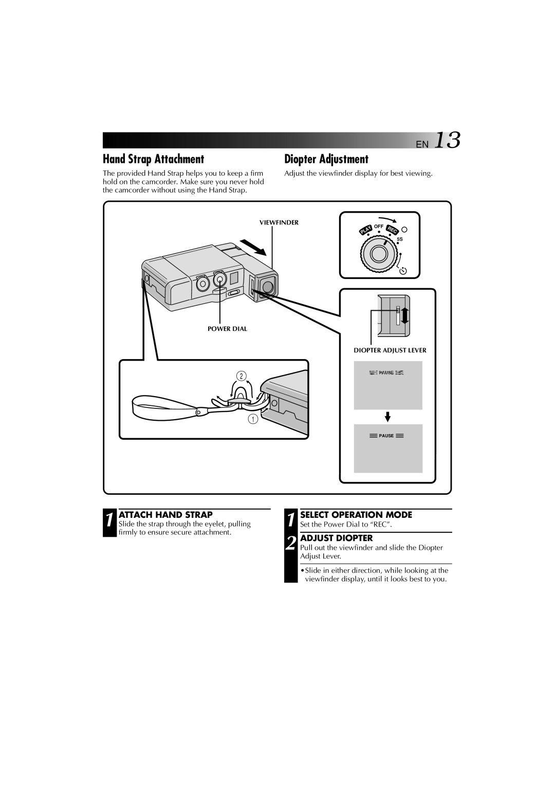 JVC YU30052-625-1 manual Hand Strap Attachment, Diopter Adjustment, Attach Hand Strap, Adjust Diopter, Diopter Adjust Lever 