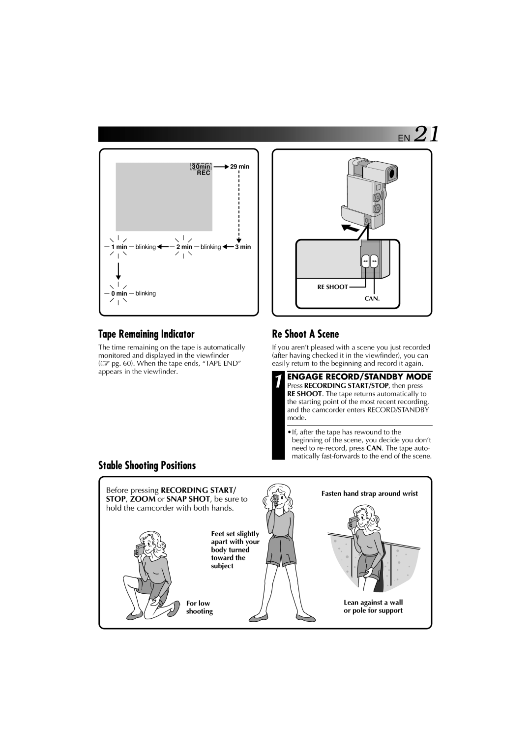 JVC YU30052-625-1 Tape Remaining Indicator, Stable Shooting Positions, Re Shoot a Scene, Fasten hand strap around wrist 