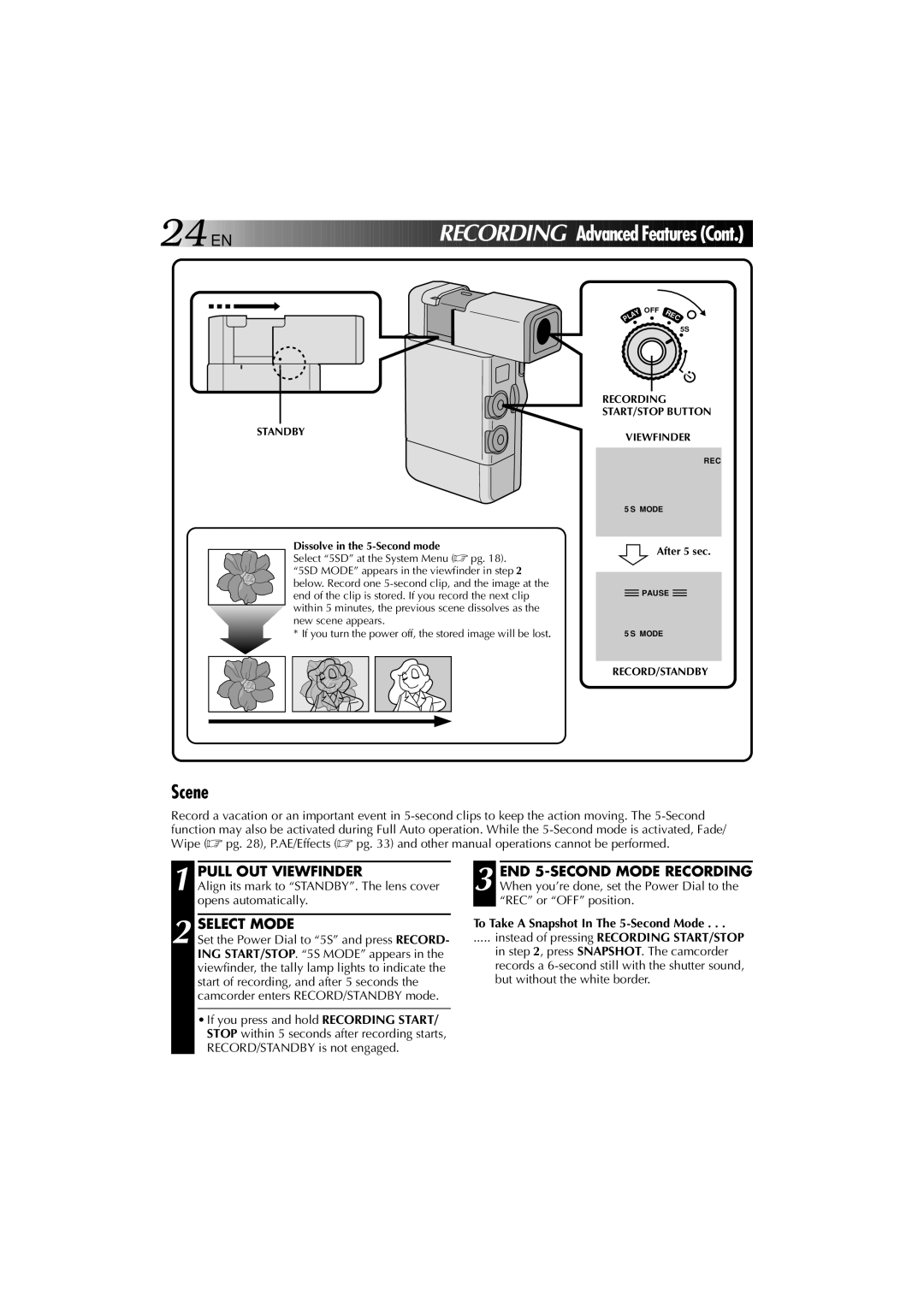 JVC YU30052-625-1 manual Scene, Select Mode, To Take a Snapshot In The 5-Second Mode, Standby 