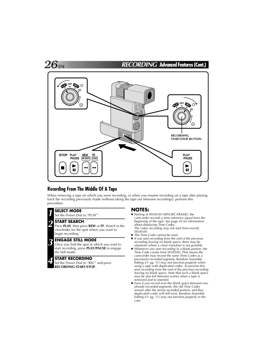 JVC YU30052-625-1 manual Recording From The Middle Of a Tape, Start Search, Engage Still Mode, Recording START/STOP Button 