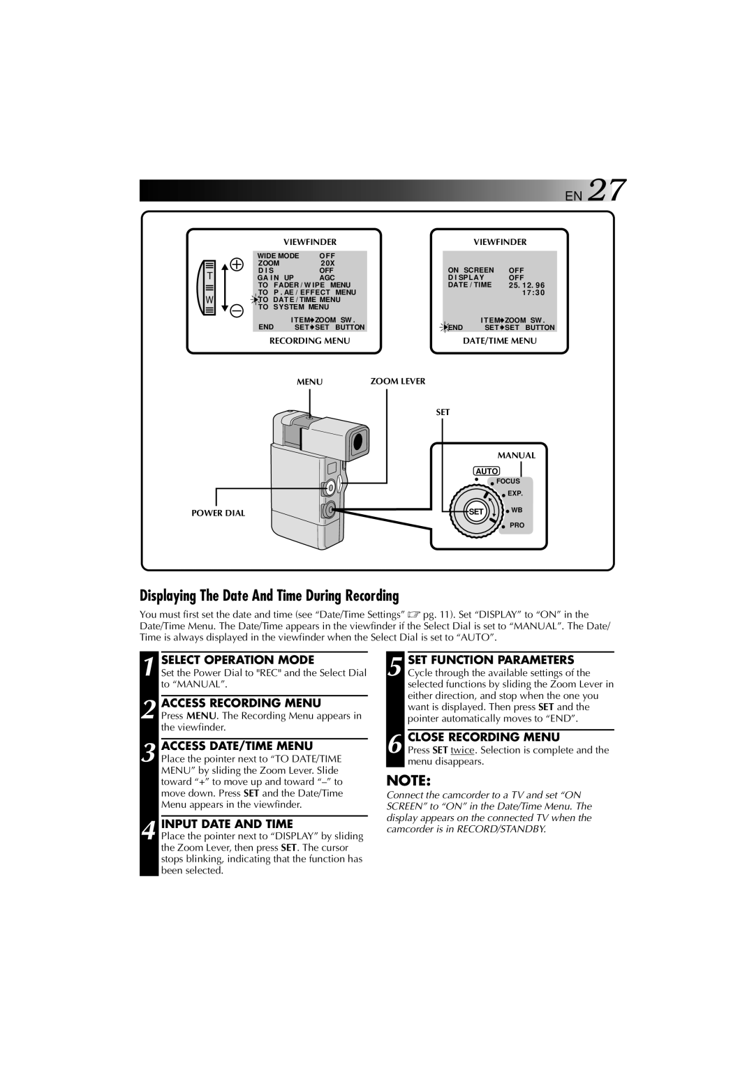 JVC YU30052-625-1 manual Displaying The Date And Time During Recording, DATE/TIME Menu 