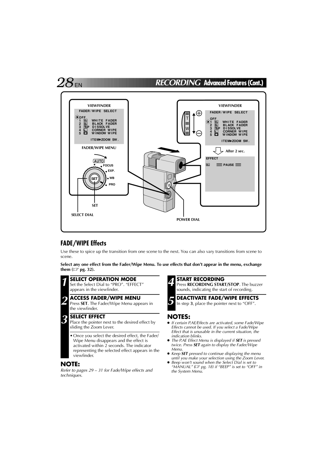 JVC YU30052-625-1 manual FADE/WIPE Effects, Select Effect, FADER/WIPE Menu, SET Select Dial 