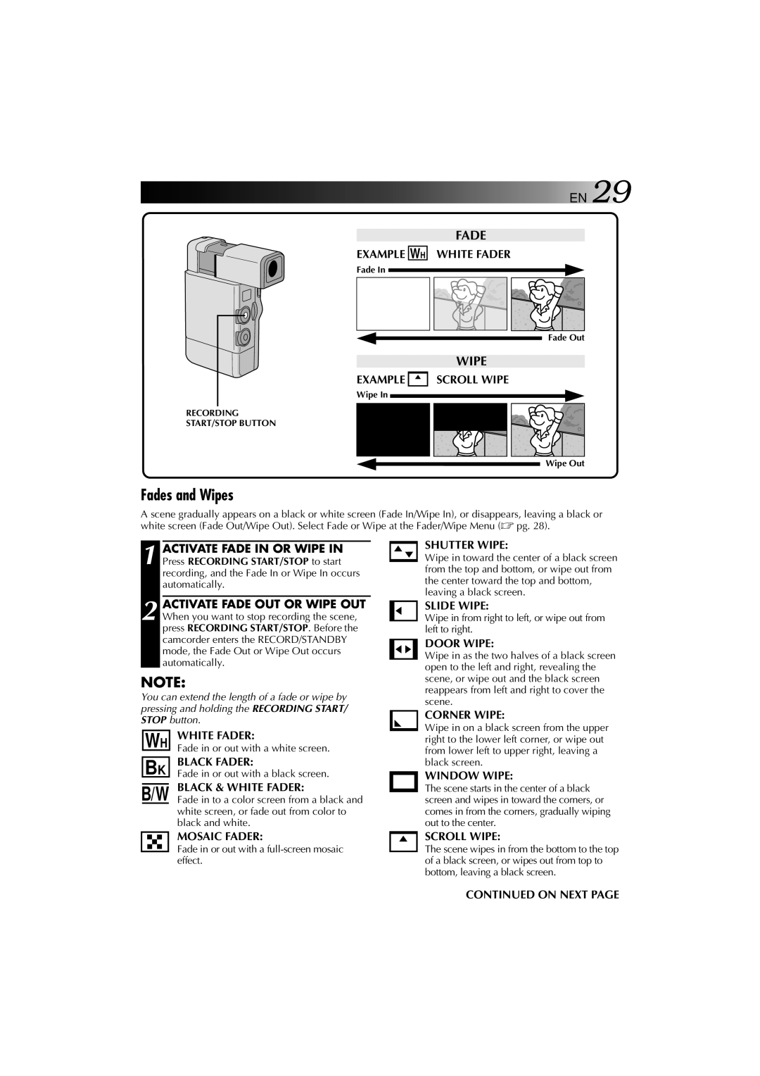 JVC YU30052-625-1 manual Fades and Wipes 