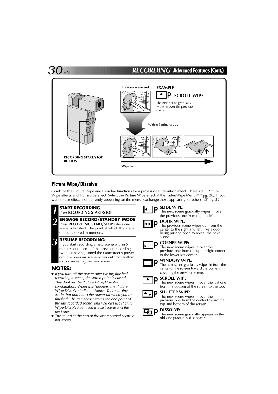 JVC YU30052-625-1 manual Picture Wipe/Dissolve, Resume Recording, Press Recording START/STOP 