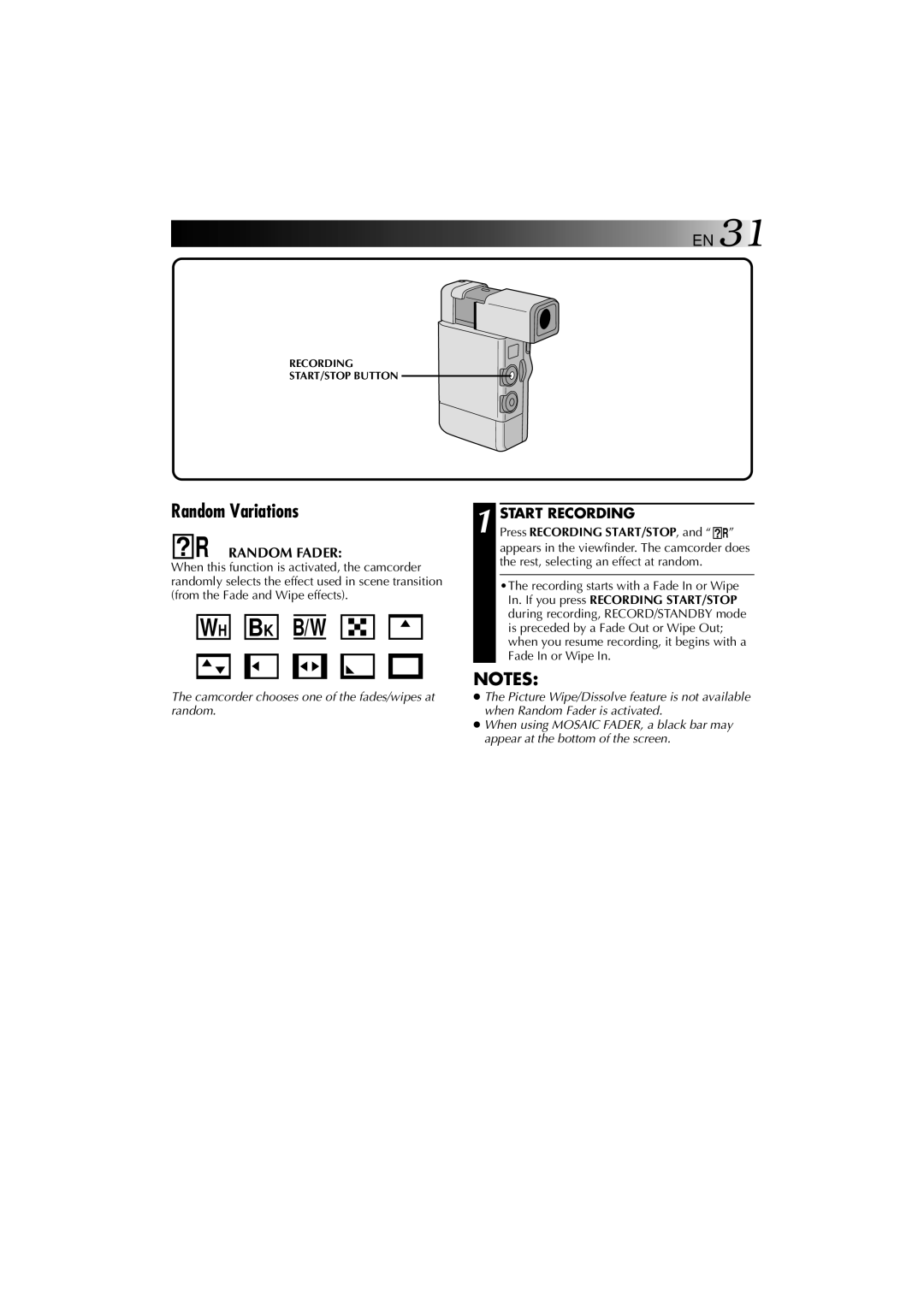 JVC YU30052-625-1 manual Random Variations, ? R Random Fader, Press Recording START/STOP, and ? R 