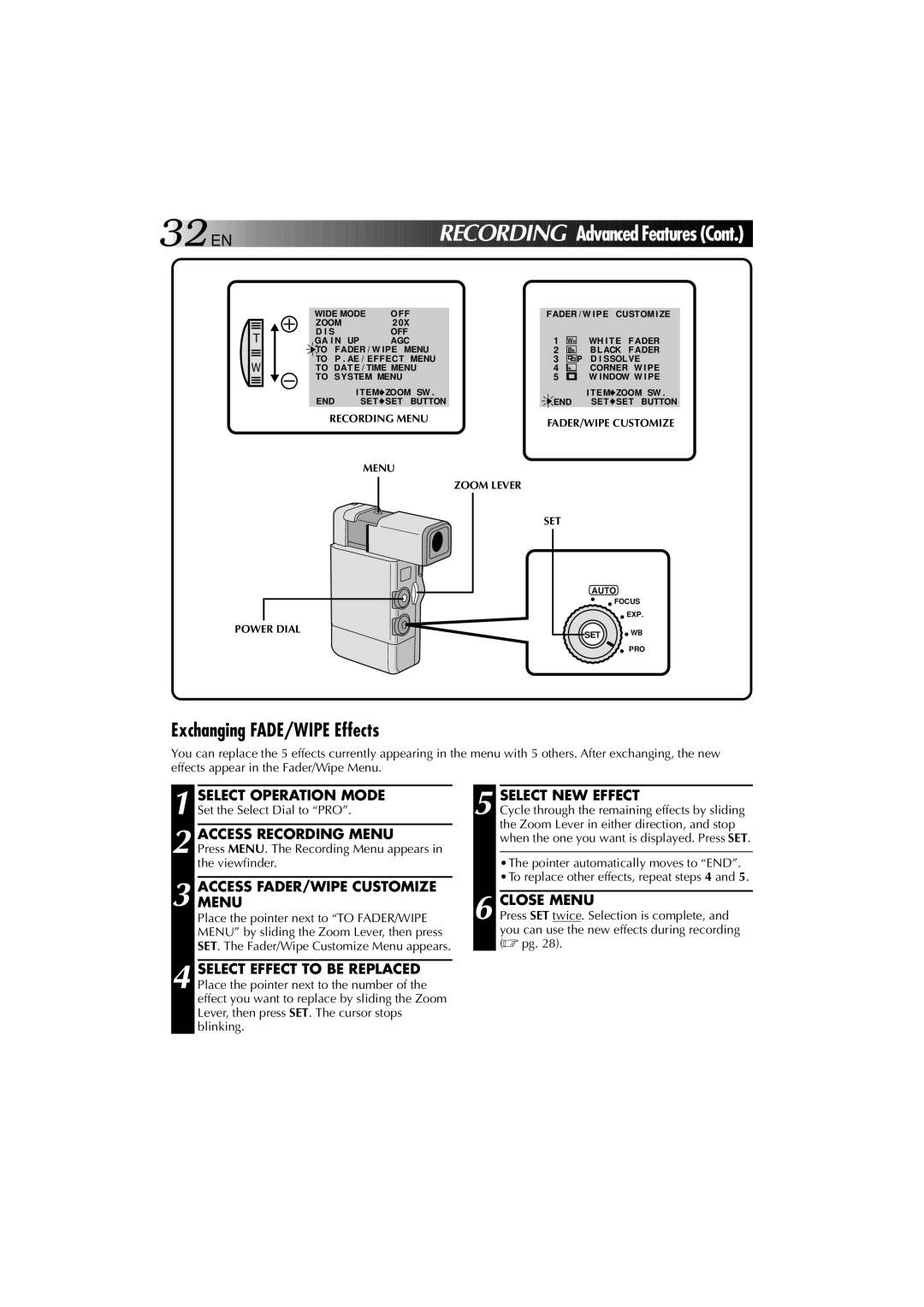 JVC YU30052-625-1 manual Exchanging FADE/WIPE Effects, Accessmenu FADER/WIPE Customize, Select NEW Effect, Close Menu 