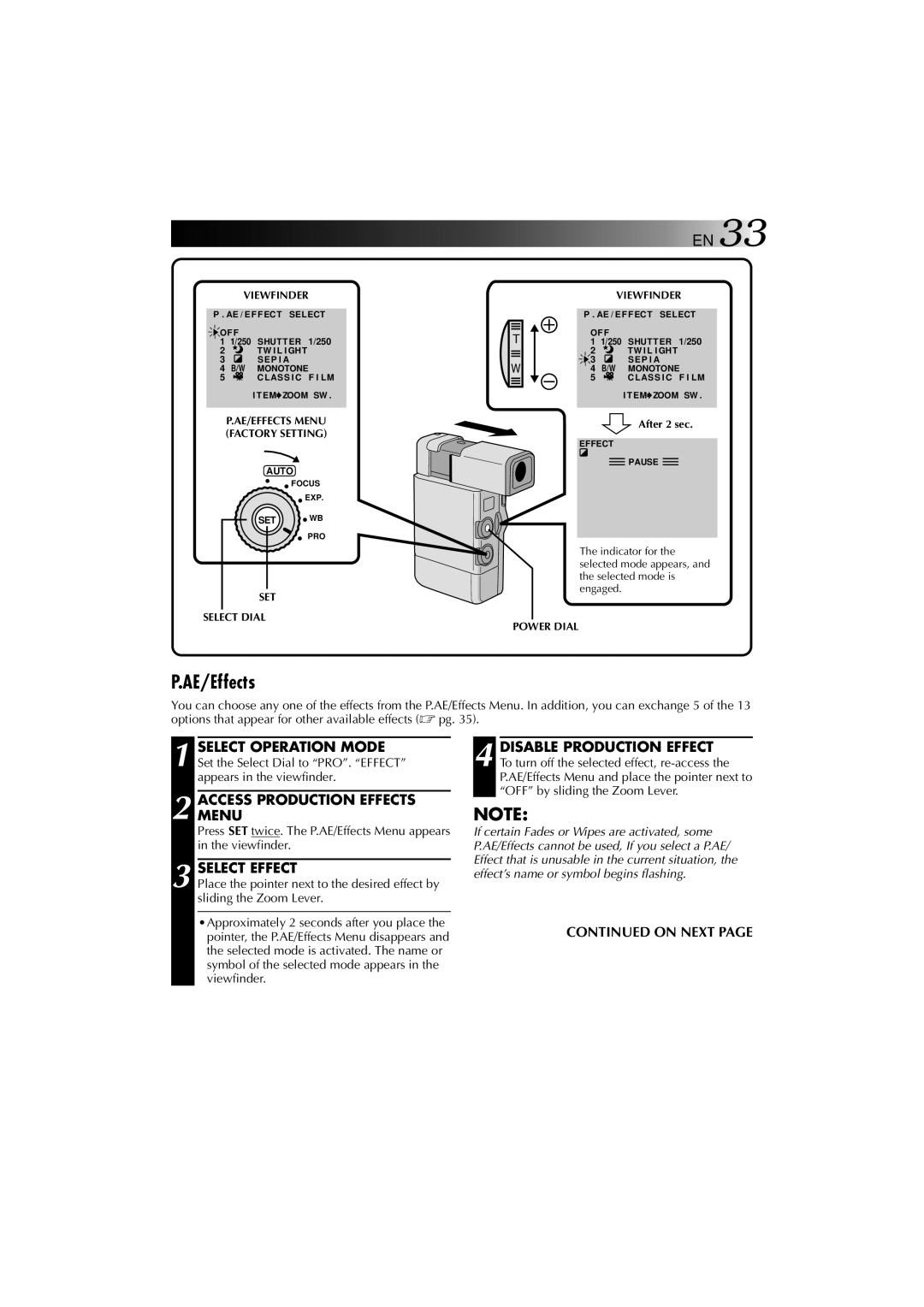 JVC YU30052-625-1 manual AE/Effects, Accessmenu Production Effects, SET Select Dial Viewfinder 