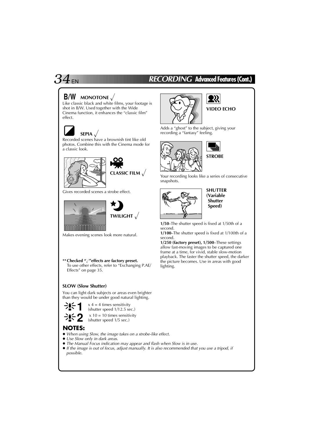 JVC YU30052-625-1 manual Monotone √, Sepia √, Classic Film √, Twilight √, Video Echo, Strobe 