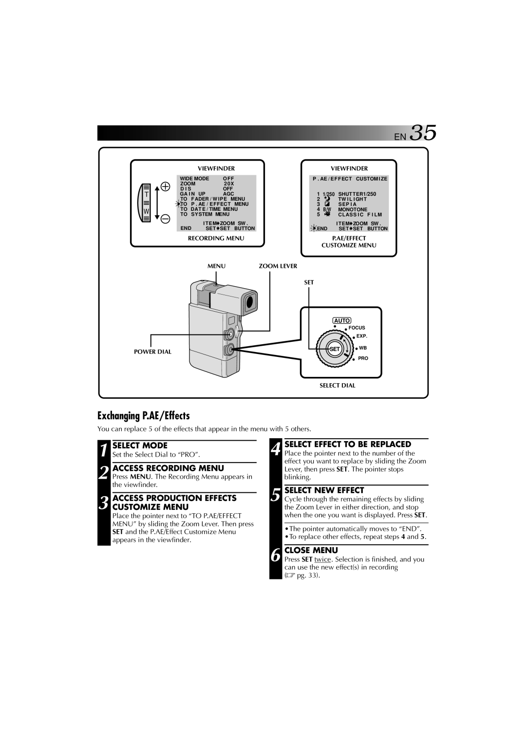 JVC YU30052-625-1 manual Exchanging P.AE/Effects, Access Production Effects Customize Menu 