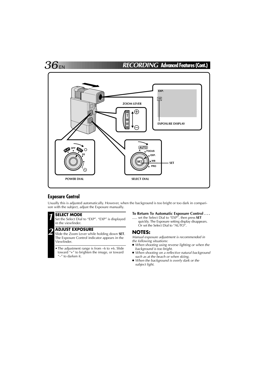 JVC YU30052-625-1 manual Adjust Exposure, To Return To Automatic Exposure Control, Zoom Lever Exposure Display 