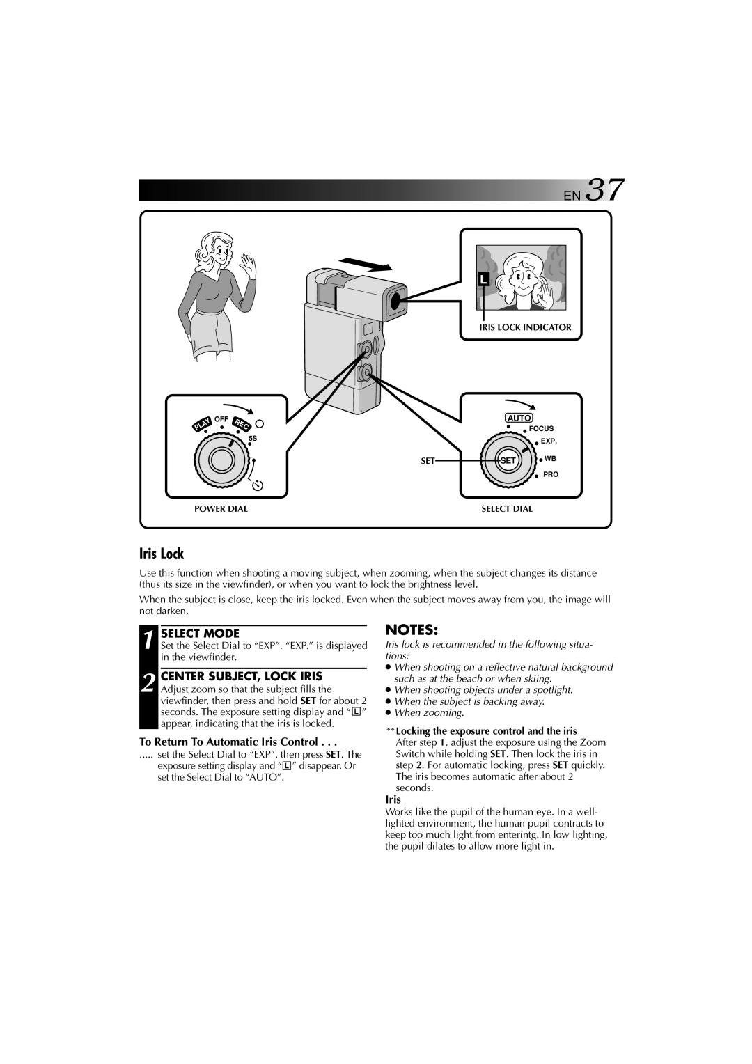 JVC YU30052-625-1 manual Locking the exposure control and the iris, Iris Lock Indicator Auto 