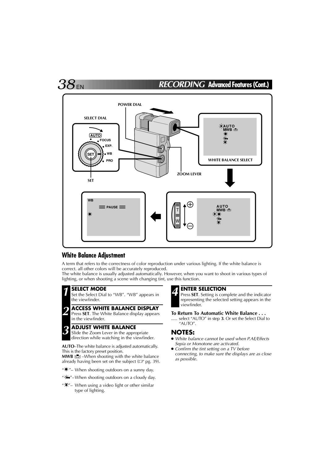 JVC YU30052-625-1 manual White Balance Adjustment, Enter Selection, To Return To Automatic White Balance 