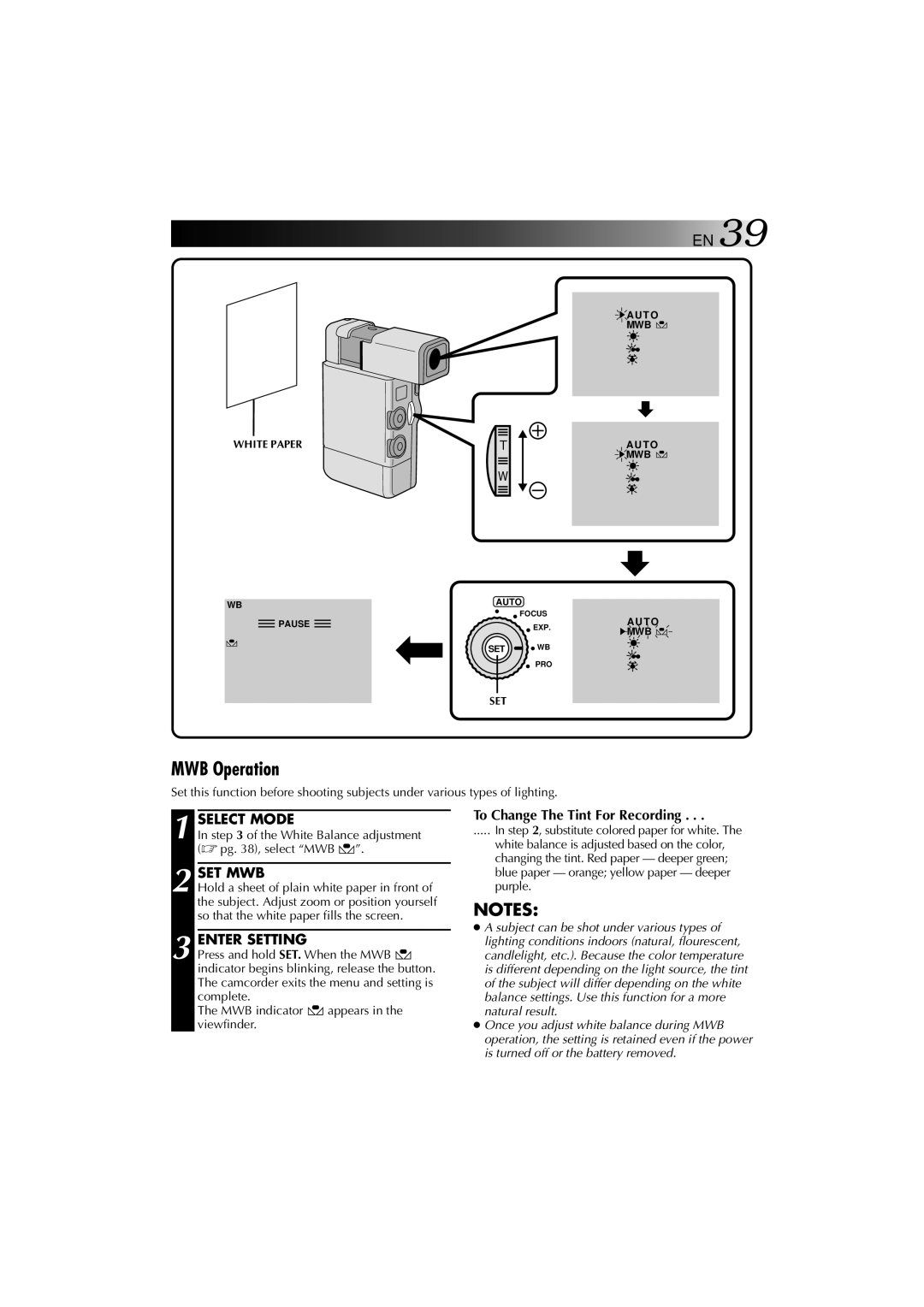 JVC YU30052-625-1 manual MWB Operation, Set Mwb, Enter Setting, To Change The Tint For Recording, White Paper 