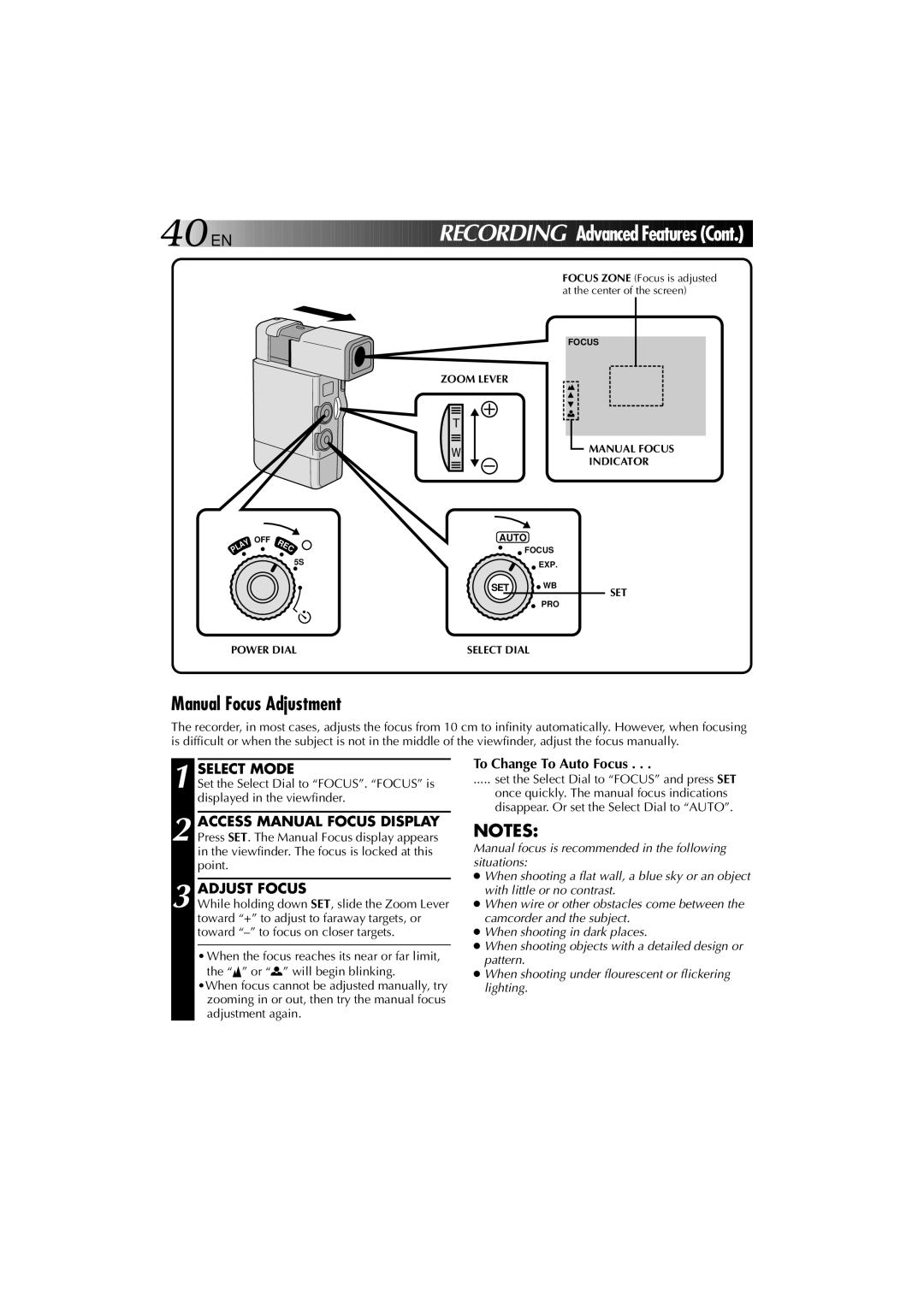 JVC YU30052-625-1 manual Manual Focus Adjustment, Adjust Focus, To Change To Auto Focus, Manual Focus Indicator 