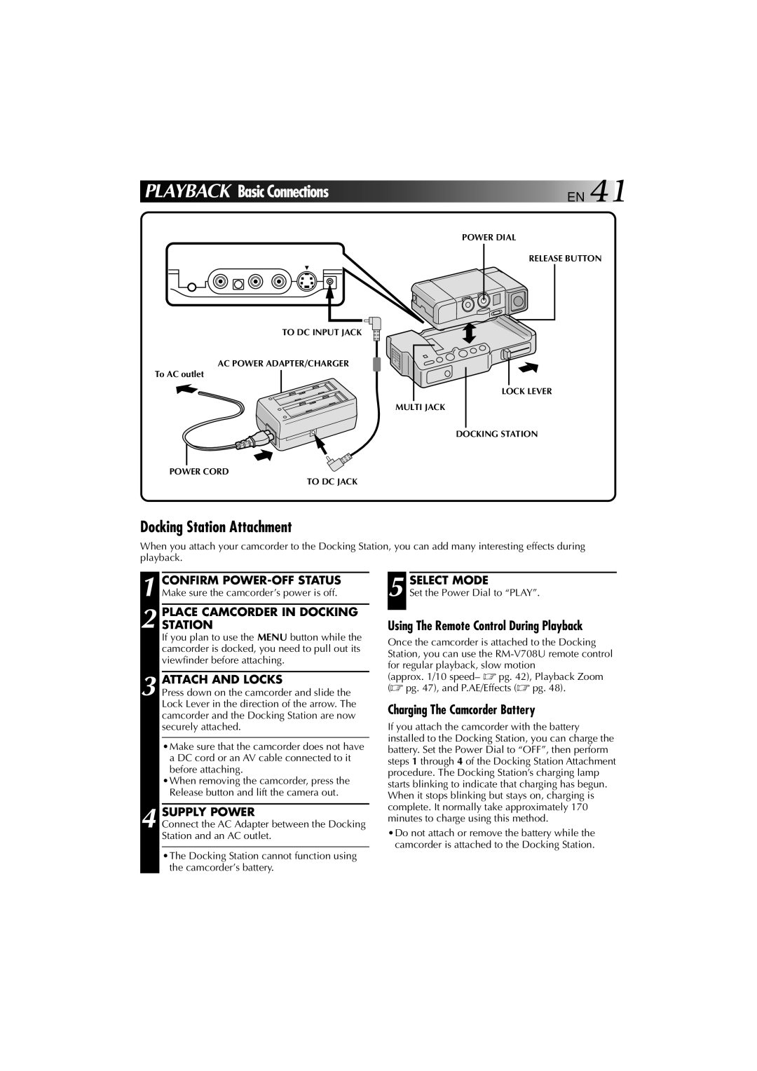 JVC YU30052-625-1 manual Docking Station Attachment, Place Camcorder in Docking Station, Attach and Locks 