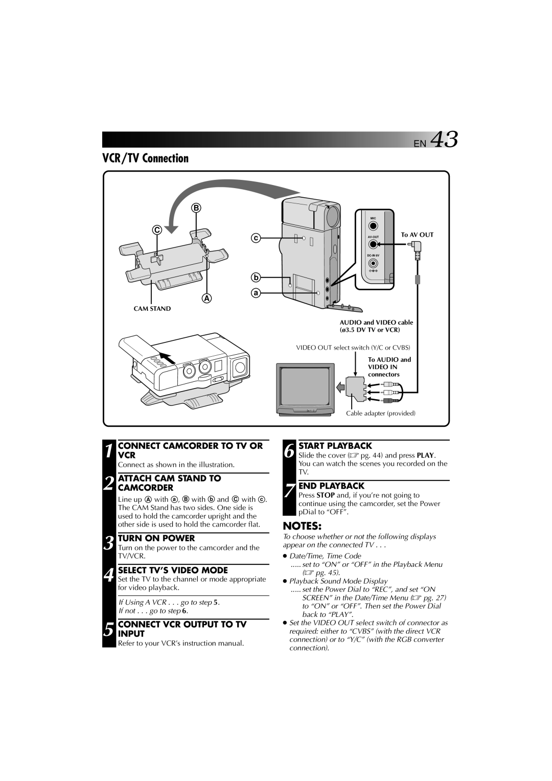 JVC YU30052-625-1 manual VCR/TV Connection, Connectvcr Camcorder to TV or, Attach CAM Stand to Camcorder 