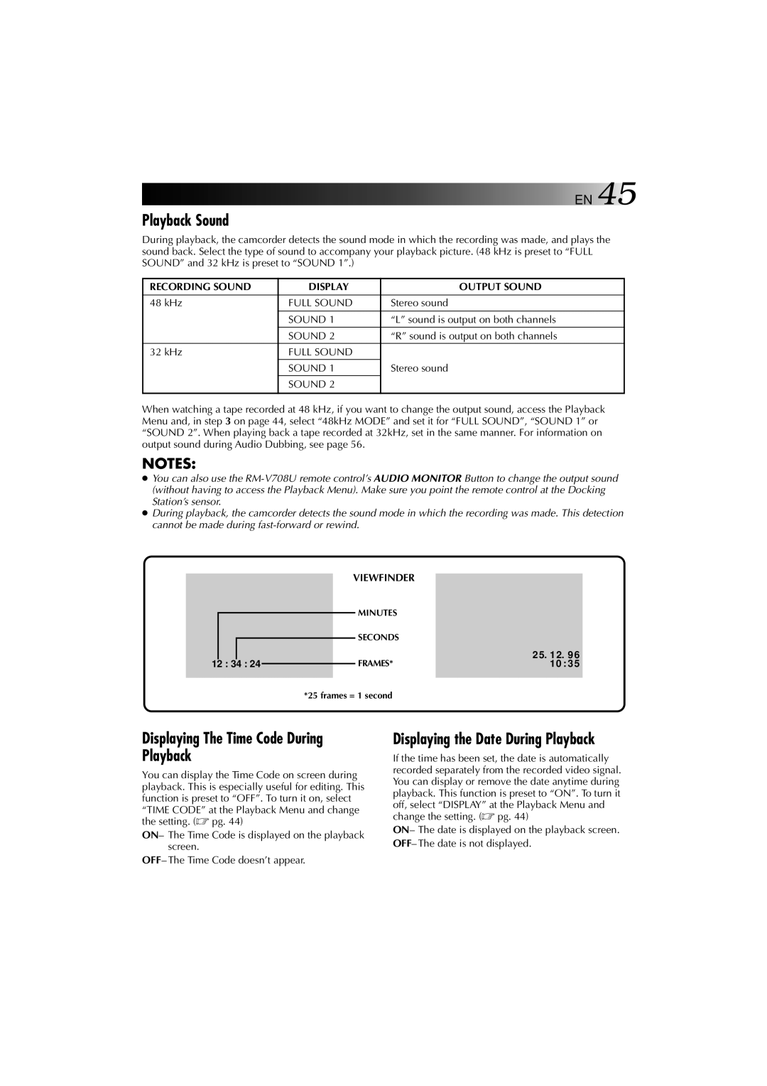 JVC YU30052-625-1 manual Playback Sound, Displaying The Time Code During Playback, Minutes Seconds, Frames 